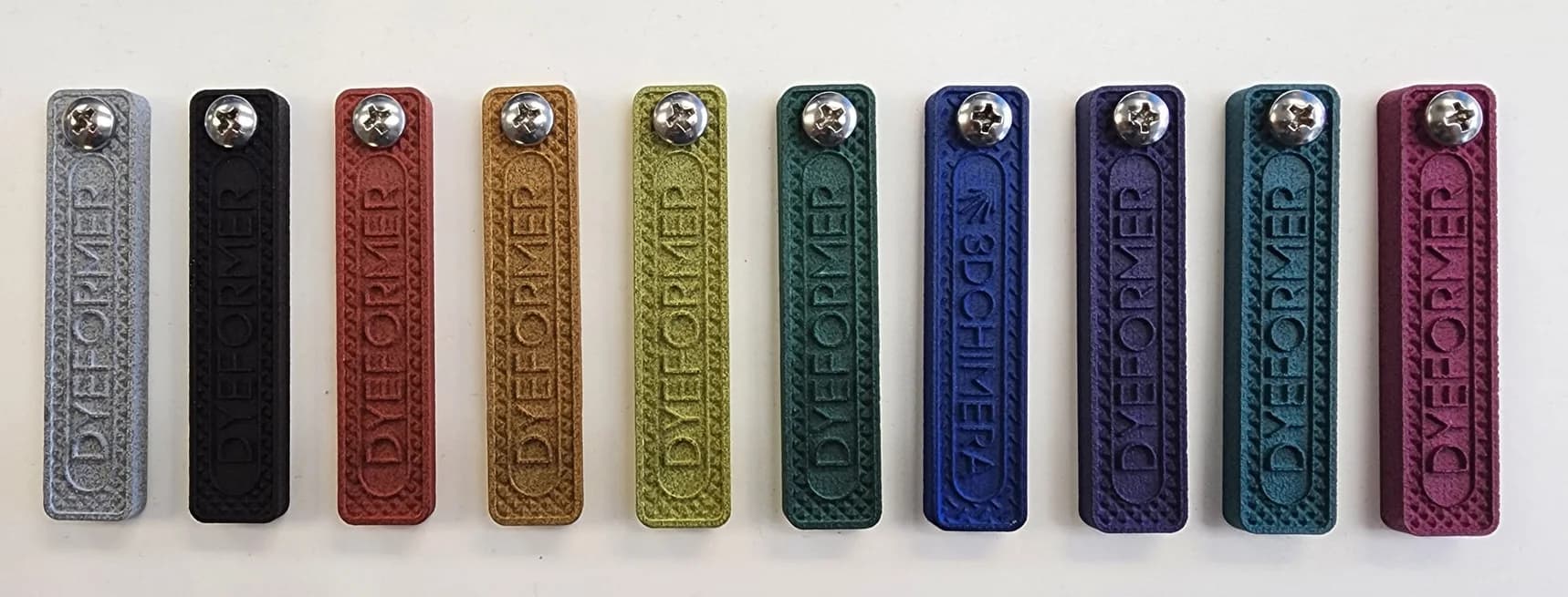 PA12 samples dyed in Dyeformer, from black to colors