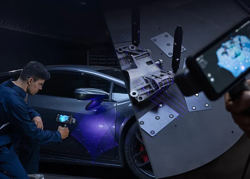 Operator scanning a car door; alongside are a bracket with markers and an EinScan Rigil scanner screen